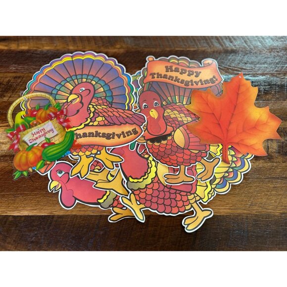 Vintage 1980's Thanksgiving Turkey Window Wall Decor Set Of 7 - Picture 1 of 9